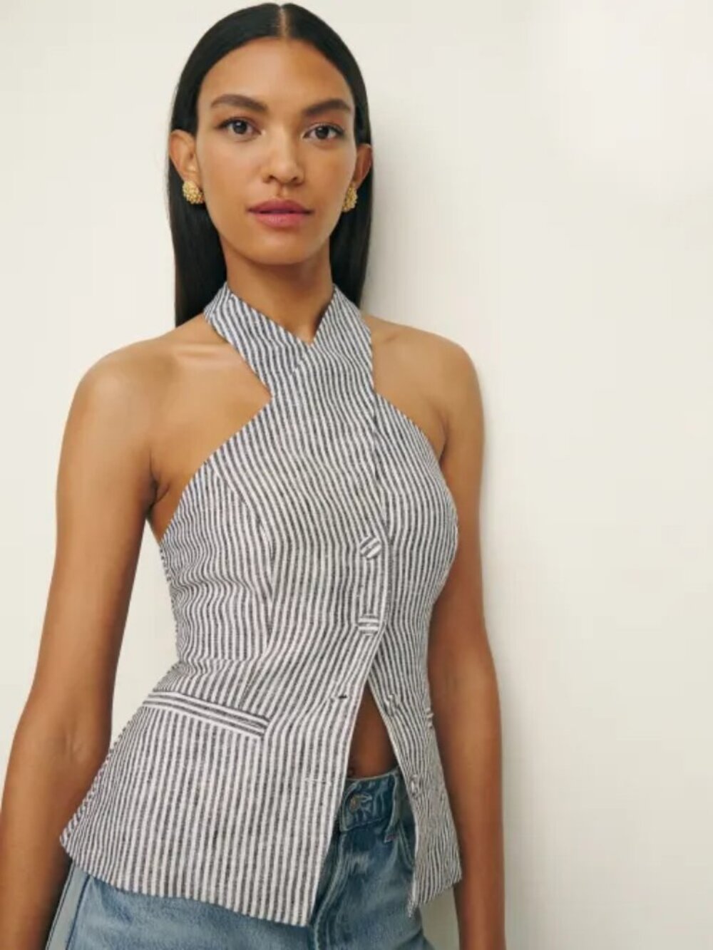NWOT Reformation Tate Linen Top in Vineyard Navy Stripe Sleeveless Halter Size 4
